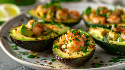 Stuffed avocado halves with shrimp and herbs served on a plate