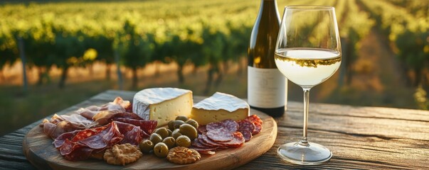 Glass of white wine with charcuterie and cheese platter on rustic table overlooking vineyard during sunset