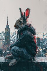 Wall Mural - A bunny in a black hoodie and jacket sits on a modern city rooftop, gazing at the skyline at dusk, abstract.