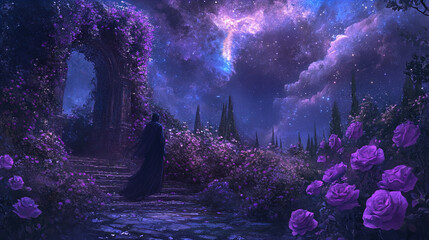 Wall Mural - A mystical, night-time fantasy landscape featuring a cloaked figure walking towards an ancient, ivy-covered archway. The surroundings are abundant with blooming purple roses and lush green foliage. In