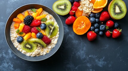 Nourishing morning meal featuring oatmeal enhanced with a medley of fresh fruits. [992] --ar 16:9 --v 6.1 Job ID: 3829f858-ed7a-48ca-b434-d8a3c683b8ff