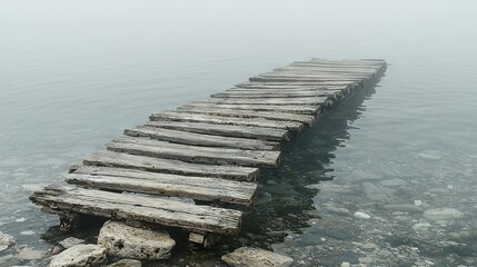 Sticker -   A wooden dock resting beside rocky shores and a body of water with rocks on either side