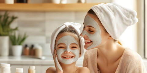 mother and daughter bonding over skincare routine with clay face masks. family beauty rituals and na