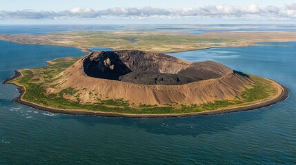 Poster -   An island surrounded by water with a mountain in the background of the ocean