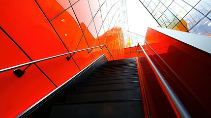 Poster -   A tall building with a skyscraper on one side, and stairs leading up to it