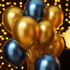 Elegant balloons, bokeh lights, festive mood, metallic gold and blue colors, dreamy atmosphere, bokeh background, party decoration, celebration concept