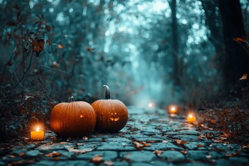 Wall Mural - A drawing of pumpkins, a forest, and a halloween background for Halloween