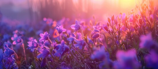 Wall Mural - Violet Flowers Of Campanula Patula Plant In Grass Meadow Sunset When The Light Begins To Go