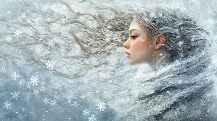 Wall Mural - A woman with long blonde hair is standing in the snow