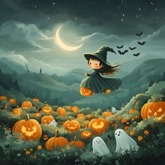 Kawaii witch soaring over a pumpkin patch, surrounded by playful bats and friendly ghosts, beneath a crescent moon and shimmering stars in a whimsical night sky