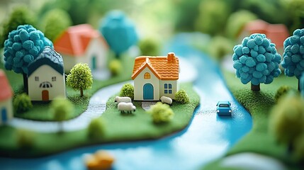 Canvas Print -   A house model with a river flowing through it and a parked car in front