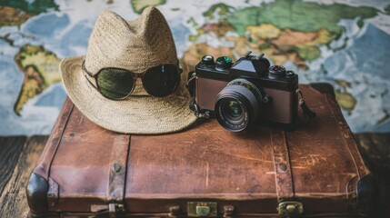 Vintage suitcase, camera, sunglasses, and hat against a world map background.