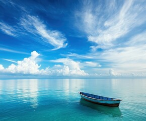 Calm waters and a small boat under a bright blue sky by the shore