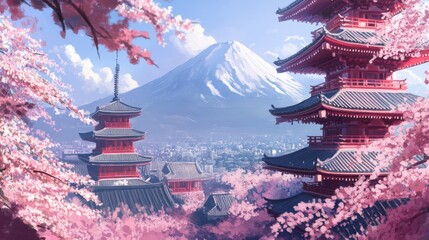 Serene Japanese landscape with cherry blossoms and traditional pagodas against majestic mountain backdrop, showcasing the harmony and beauty of nature and architecture in a tranquil spring setting.