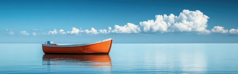 Wall Mural - Solitary orange boat floating on calm water under a bright sky