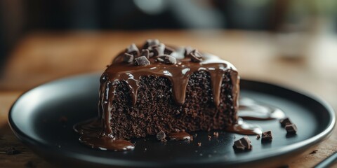 Wall Mural - Decadent chocolate cake slice with melting ganache on rustic wooden table