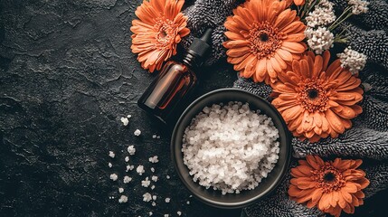 Wall Mural -   Bowl of sea salt, orange flower, essential oils on black stone surface