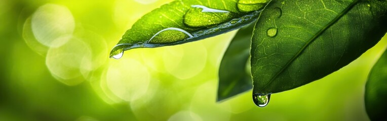 Fresh green leaves adorned with raindrops in a vibrant garden setting