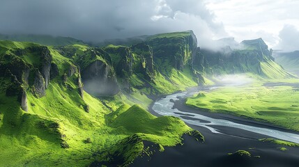 Canvas Print -   A bird's-eye view of a river meandering through a verdant valley, with towering mountains in the distance and wispy clouds overhead