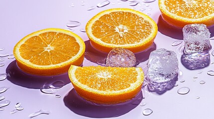 Poster -   A group of oranges resting on a table alongside ice cubes