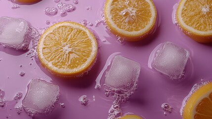 Sticker -   Oranges on top of ice on a purple background with droplets of water