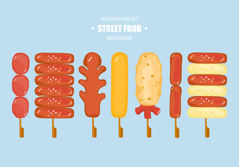 Wall Mural - The illustration set of street food Yakitori is served with various skewers. Asian fast food and takeaway restaurants Isolated on a white background cute cartoon for design elements Easy to edit.