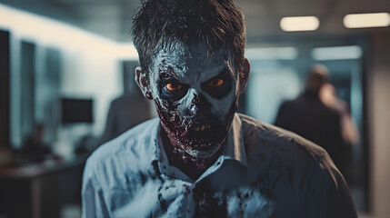 a creepy zombie in an office - halloween work concept