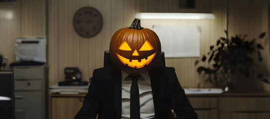 office worker with a carved head - halloween work concept