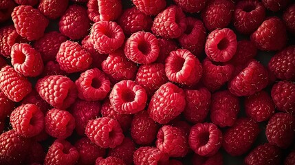 Poster -   A group of raspberries resting atop a black tablecloth, with red raspberries scattered around them