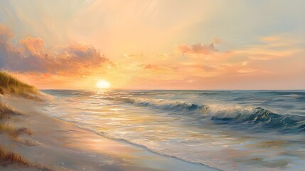 Wall Mural - A tranquil painting of a coastal sunset, where warm hues of orange, pink, and gold blend seamlessly across the sky and reflect off the gentle waves of the sea.