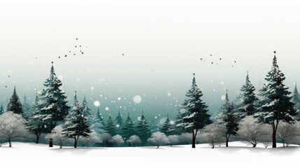 border of isolated green Christmas tree branches at the edge on transparent background with sparkling white snowflakes on white background with copy space PNG