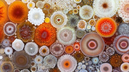   A macro shot of diverse blooms adorning a flat surface with varying hues and floral dimensions