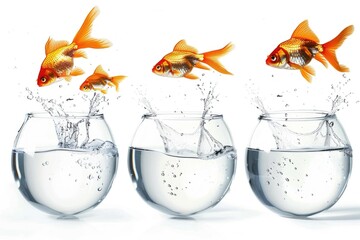 Poster - Group of goldfish leaping into water, aquatic scene