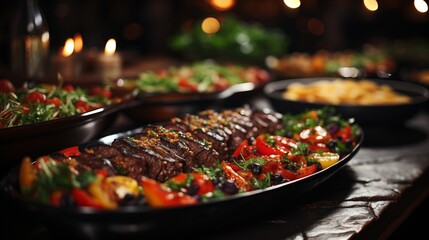 Catering buffet food. Delicious colorful meat and vegetable dishes. Celebration Party