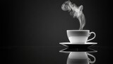  B&W photo of a steaming coffee cup w/smoke & matching saucer on the side