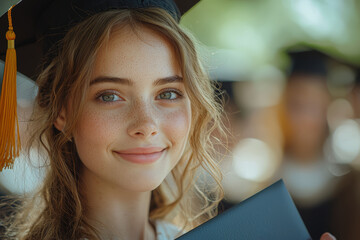 Sticker - A young woman beaming with pride as she holds her diploma on graduation day. Concept of accomplishment. Generative Ai.