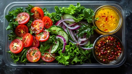 Canvas Print - A salad with tomatoes, cucumbers, and lettuce is served in a plastic container