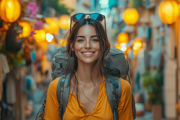 Canvas Print - A traveler smiling as they explore a vibrant market in a foreign country, embracing new cultures. Concept of adventure. Generative Ai.