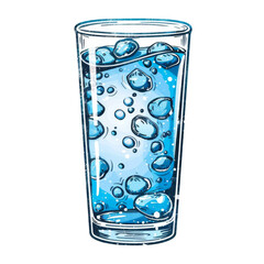 Hand-drawn illustration of a glass of ice water with bubbles.