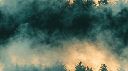 Sticker -   A dense forest surrounded by towering trees shrouded in a thick pall of smoke, and another nearby filled with trees enveloped in billowing smoke