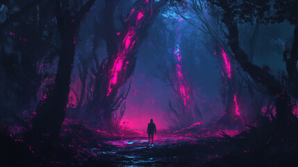 A lone figure stands in a mystical, dense forest illuminated by vibrant, otherworldly neon pink and blue lights. The silhouettes of tall, imposing trees with gnarled branches and luminescent bark crea