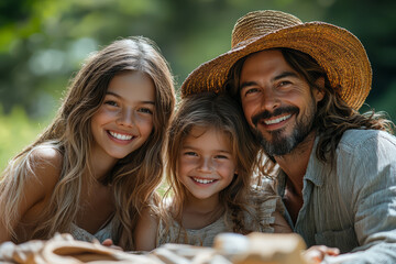 Wall Mural - A family enjoying a picnic in the park, laughing and sharing stories. Concept of togetherness. Generative Ai.