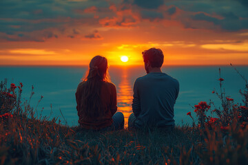 Sticker - A couple enjoying a sunset together, lost in the beauty of the moment. Concept of peace and tranquility. Generative Ai.