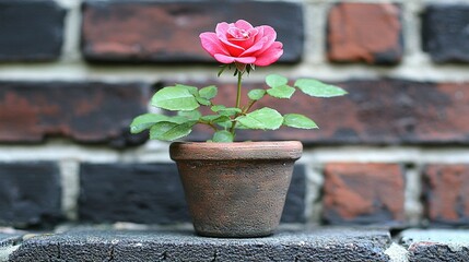 Poster -  A single pink rose in a clay pot on a brick wall, in front of red bricks