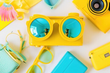 A collection of camera gear and sunglasses on a clean white surface