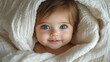 © KADER - Smiling Baby Girl with Big Eyes Peeking Out from Under White Blanket - High-Resolution Photography Capturing Happy Expression