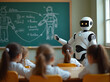 © FHL - Humanoid robot teaching children in a classroom, representing AI integration in education. A futuristic image ideal for technology, education, and AI themes.