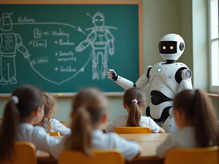 Humanoid robot teaching children in a classroom, representing AI integration in education. A futuristic image ideal for technology, education, and AI themes.
