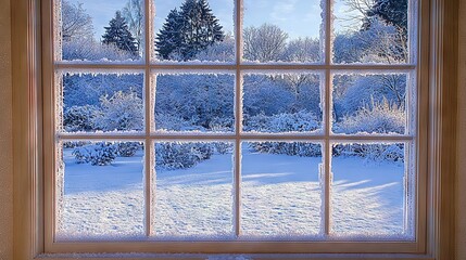 Wall Mural -   Window showcases snowy field & tree views, set against blue sky backdrop