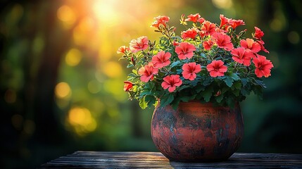 Poster -   A red vase brimming with red blossoms rests on a wooden table against a hazy tree backdrop